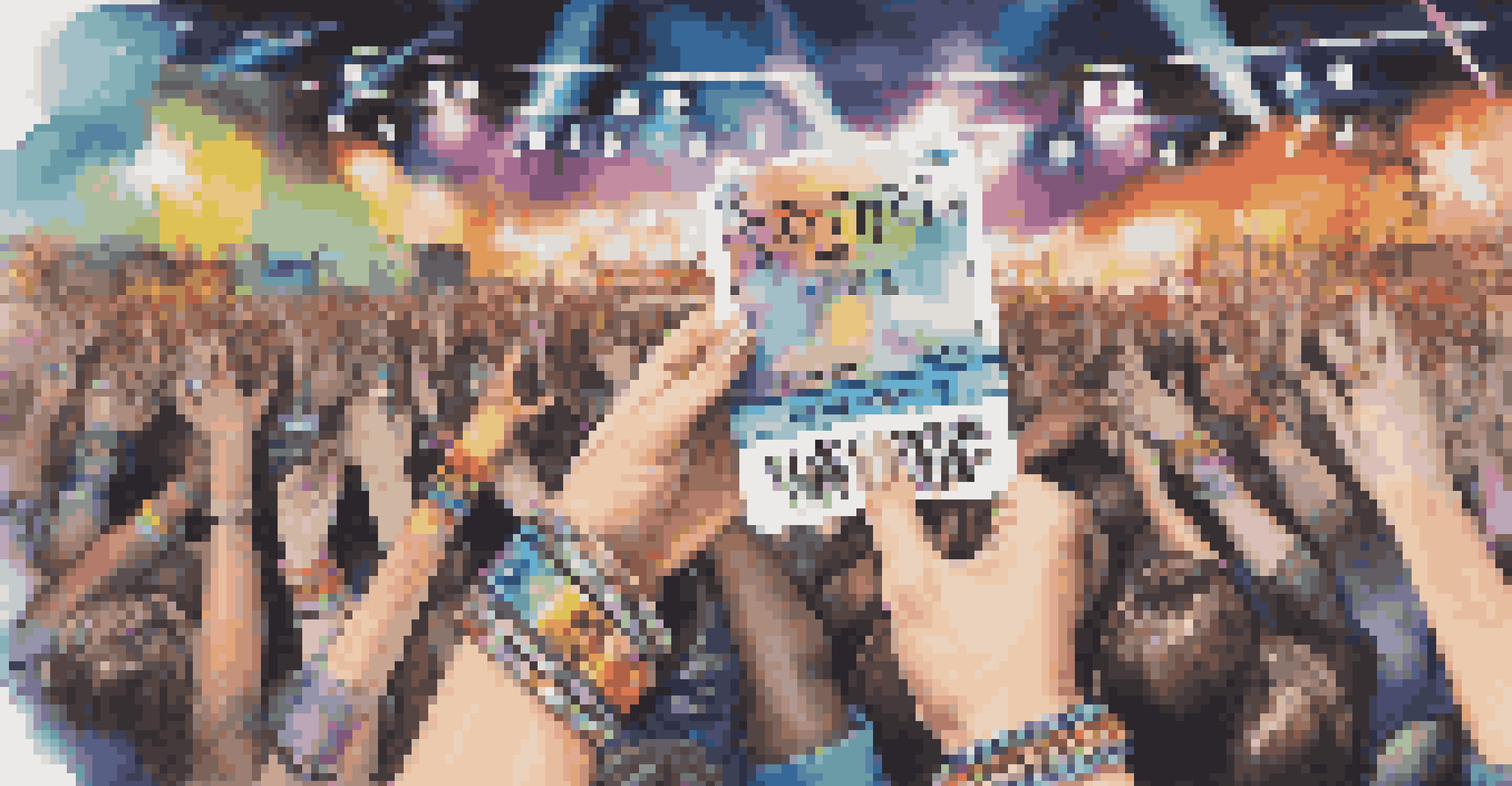 A close-up of hands with colorful bracelets holding a concert ticket at a music festival.