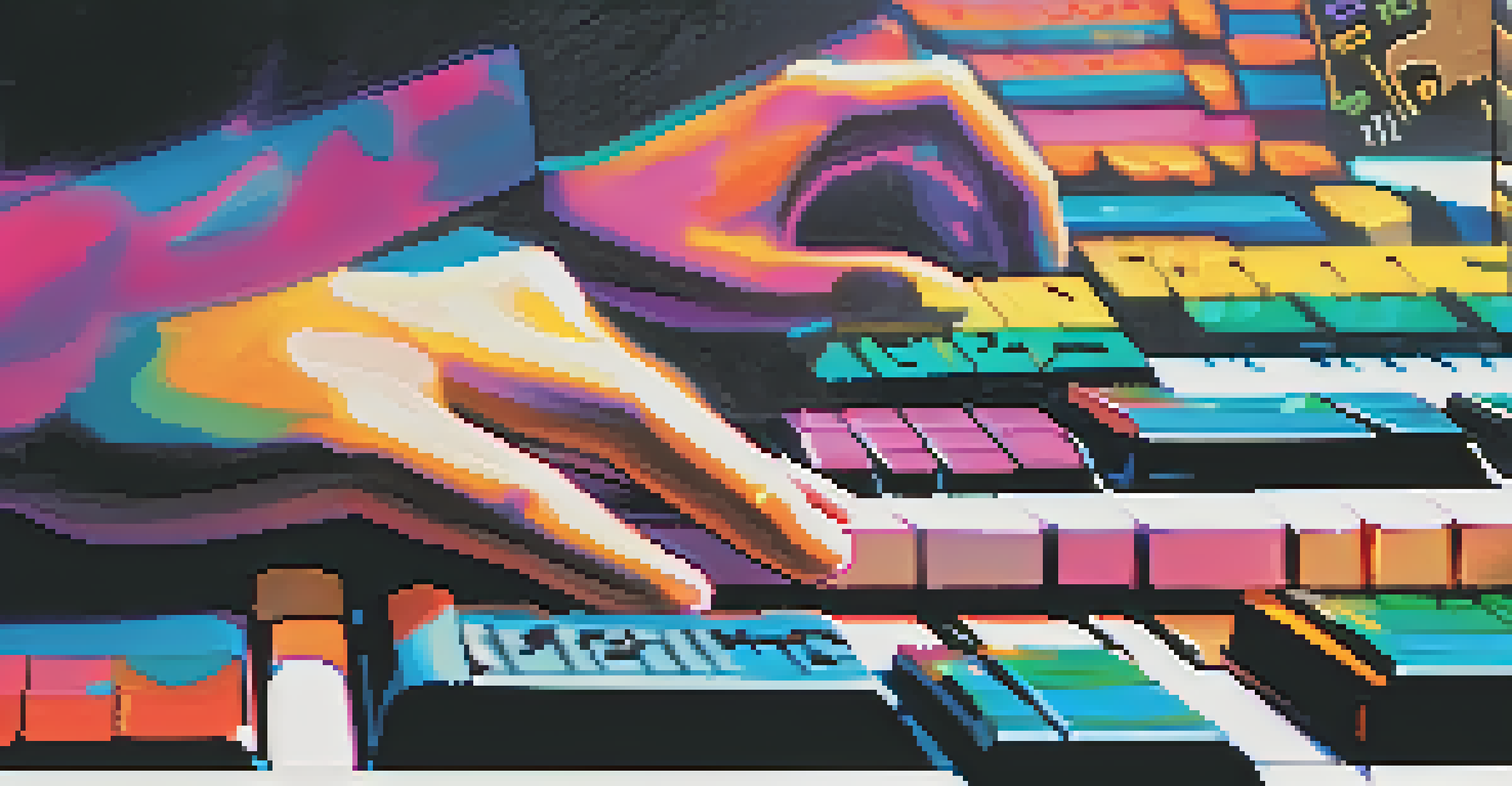 Close-up of a musician's hands on a digital keyboard with colorful interactive music notation on a screen in the background.