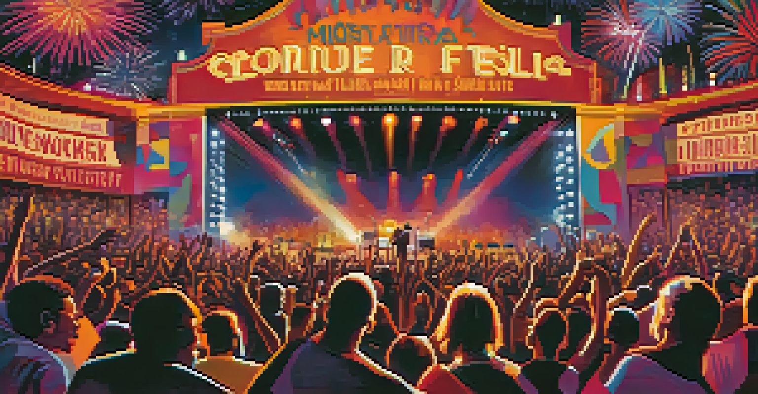 A lively music festival poster with artists performing under colorful lights and fireworks in the background.