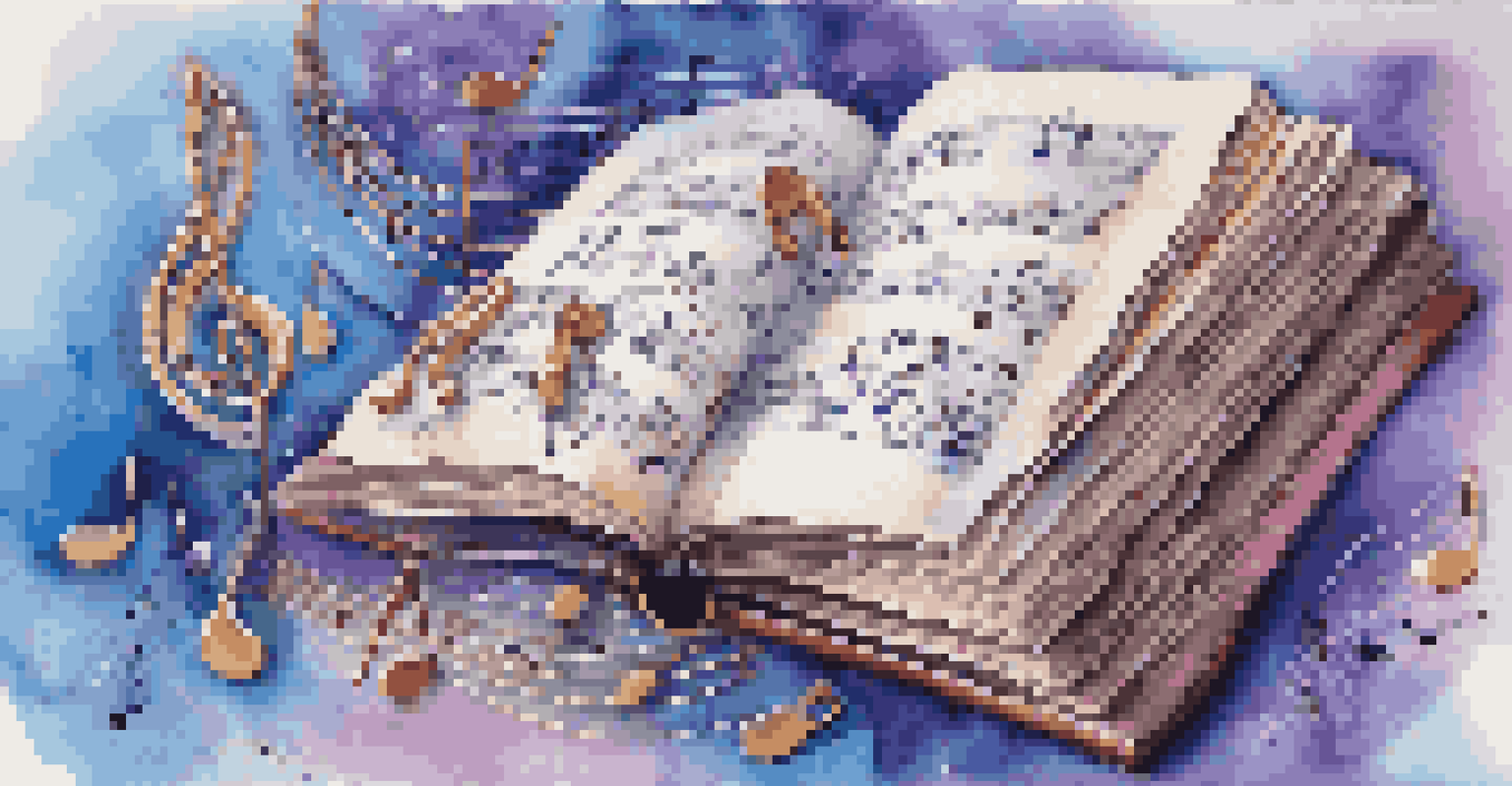 An open book with musical notes emerging, surrounded by copyright symbols, set against a creative blue and purple background.