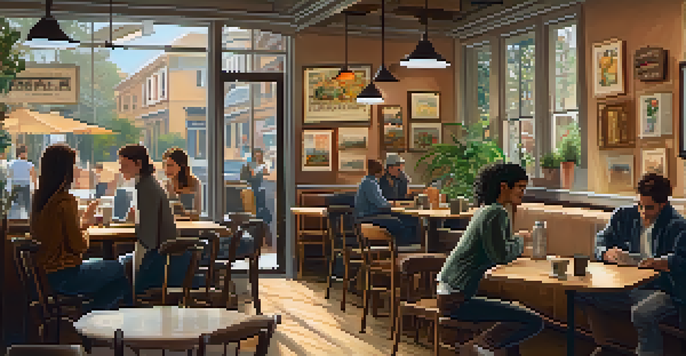 A cozy coffee shop with natural light, wooden tables, a musician playing guitar, and patrons enjoying their time.