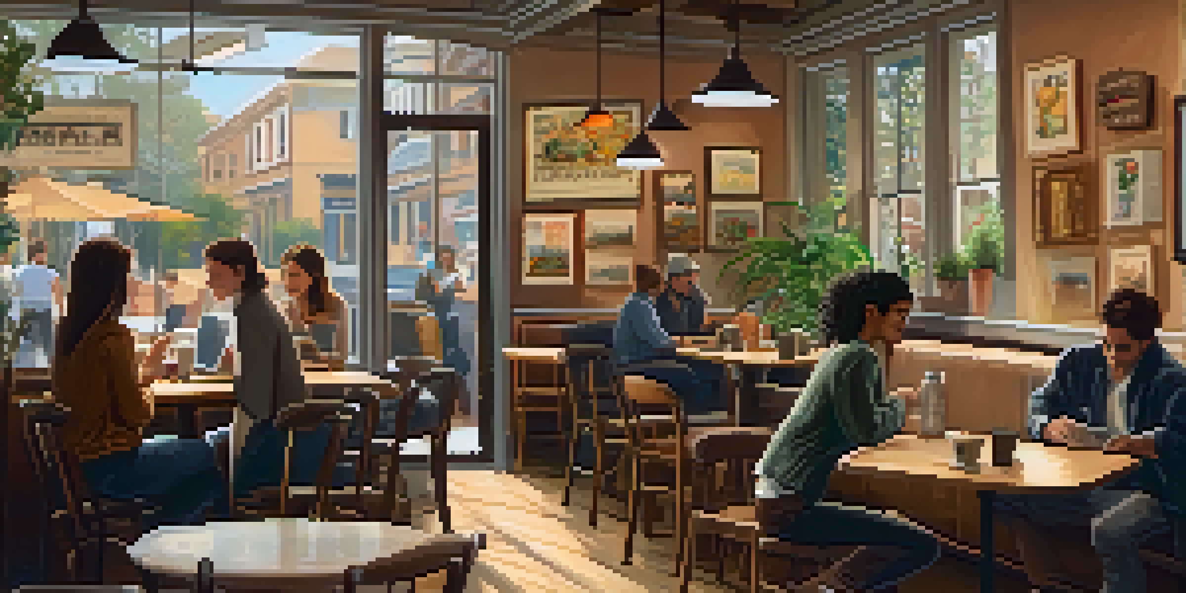A cozy coffee shop with natural light, wooden tables, a musician playing guitar, and patrons enjoying their time.