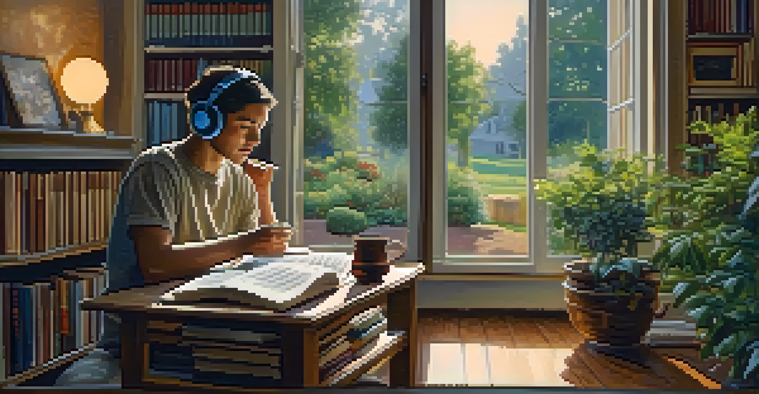 A person with headphones in a cozy corner, surrounded by books and coffee, immersed in a personal music experience.