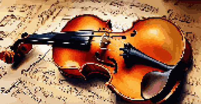 A detailed close-up of a wooden violin on a velvet cloth with intricate carvings, illuminated by warm golden light, with blurred sheet music in the background.