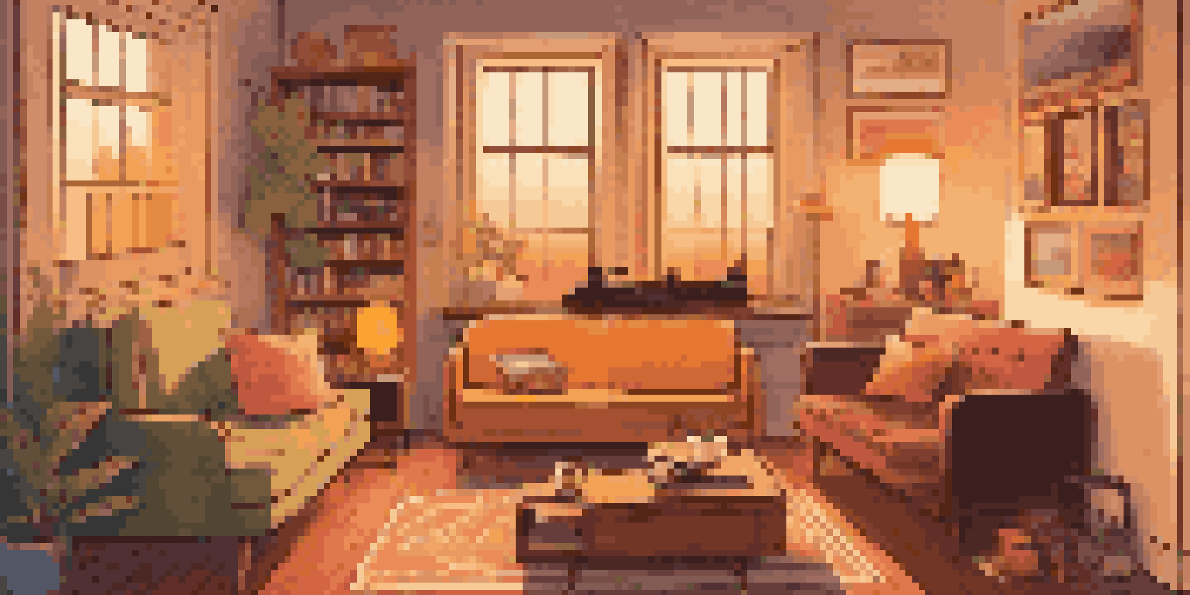 A warm and cozy living room with a record player, a cup of tea, vintage music posters on the walls, and a sunset visible through the window.