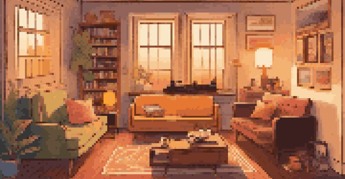A warm and cozy living room with a record player, a cup of tea, vintage music posters on the walls, and a sunset visible through the window.