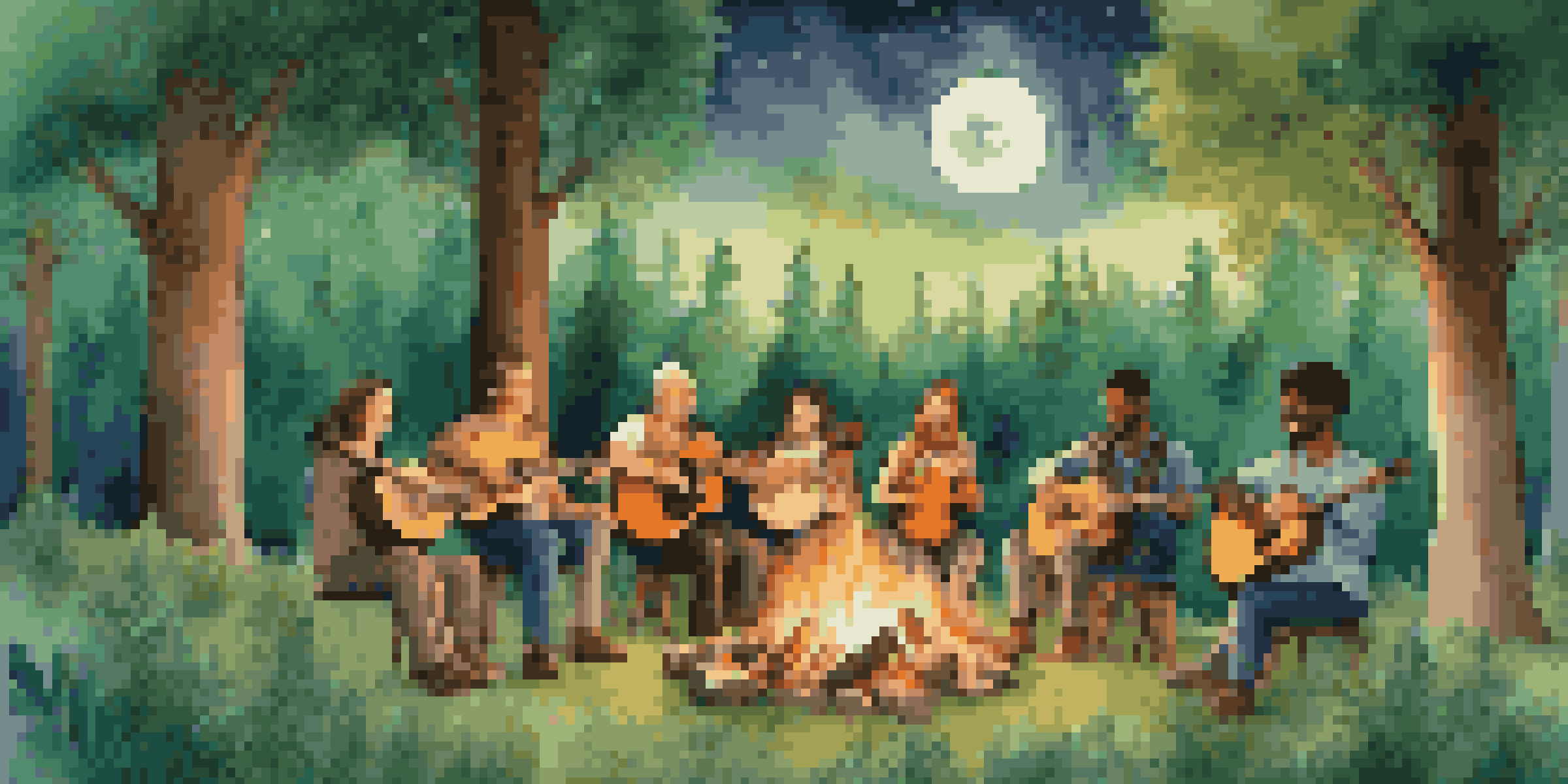 A group of musicians playing instruments around a campfire in a forest at night, with warm light and a starry sky.