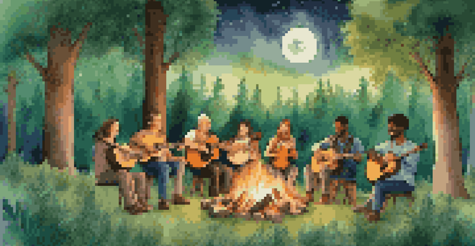 A group of musicians playing instruments around a campfire in a forest at night, with warm light and a starry sky.