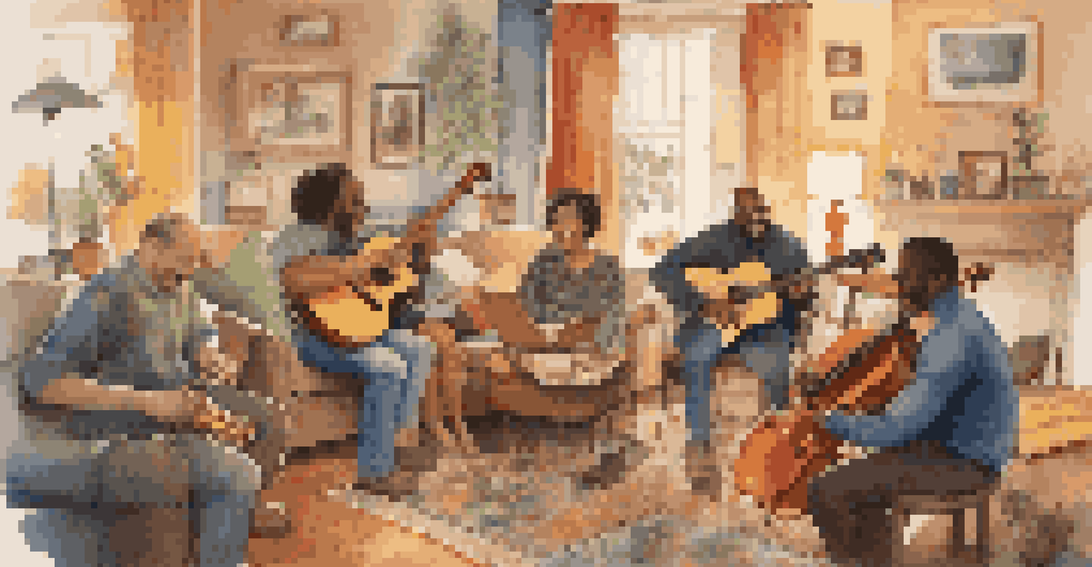 A group of diverse musicians having a jam session in a cozy living room, smiling and playing instruments together.