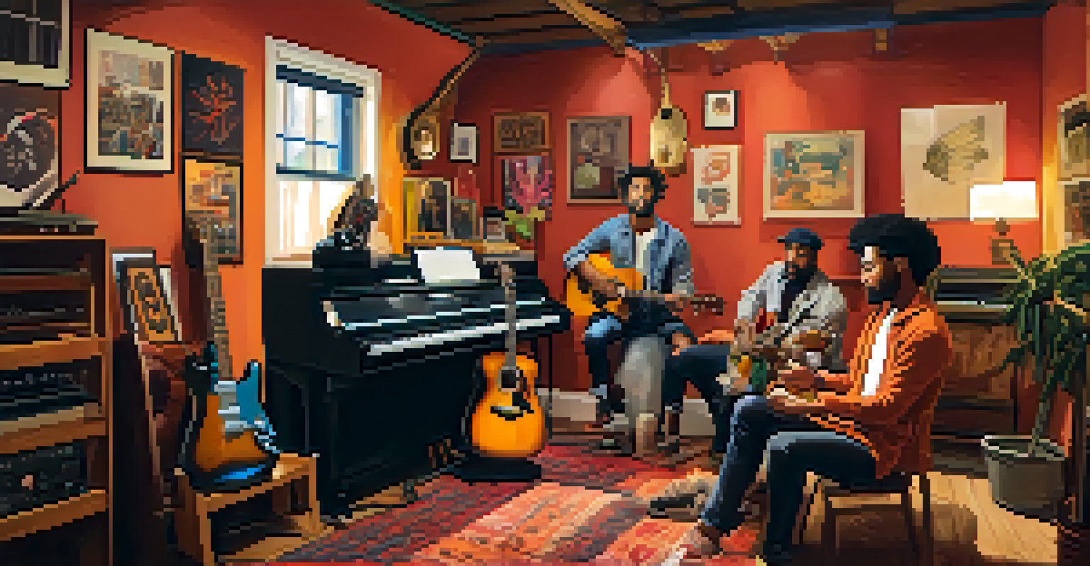 A diverse group of musicians working together in a home studio filled with instruments and sound equipment.