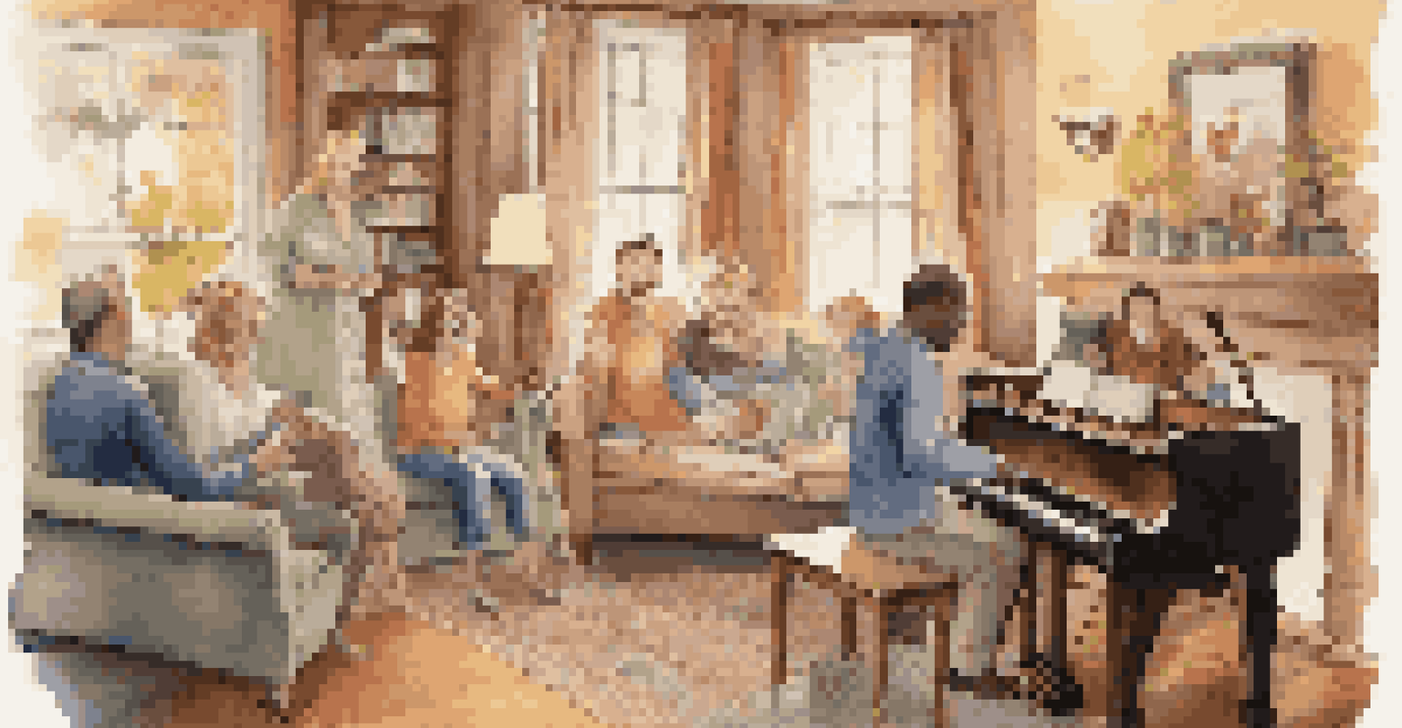 Friends gathered in a cozy living room, laughing and singing humorous songs around a piano.