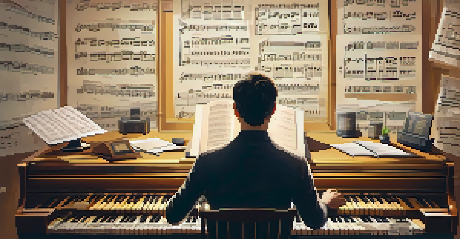 A composer working on film music, surrounded by sheet music and a piano, with notes floating around symbolizing creativity.