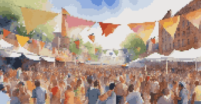 A lively outdoor music festival with diverse crowds, musicians on stage, and colorful decorations under a sunny sky.