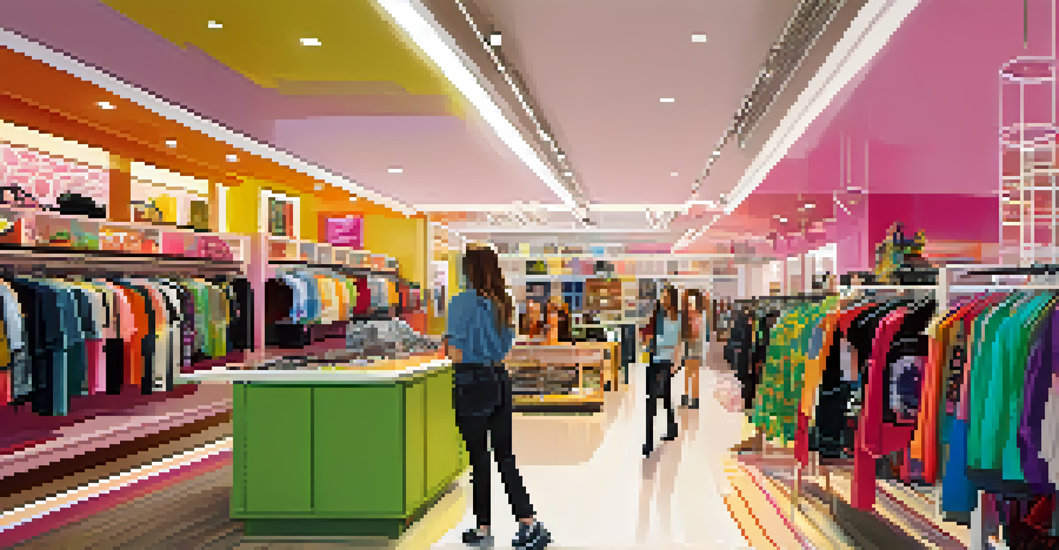 A trendy clothing store filled with colorful clothes and young shoppers enjoying upbeat music.