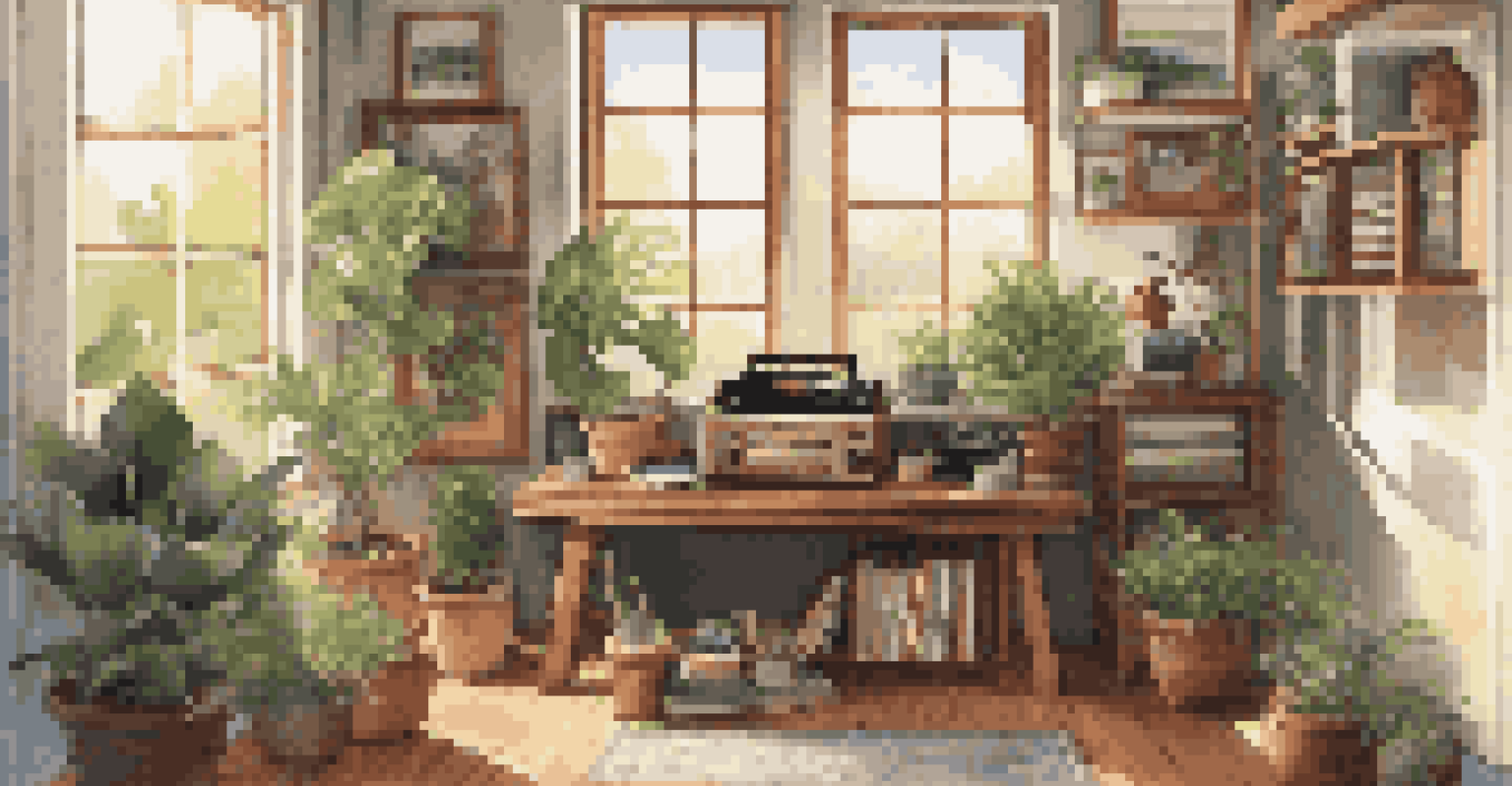 A peaceful workspace with a record player, vinyl records, sunlight streaming through windows, wooden furniture, and potted plants, creating a relaxing atmosphere.
