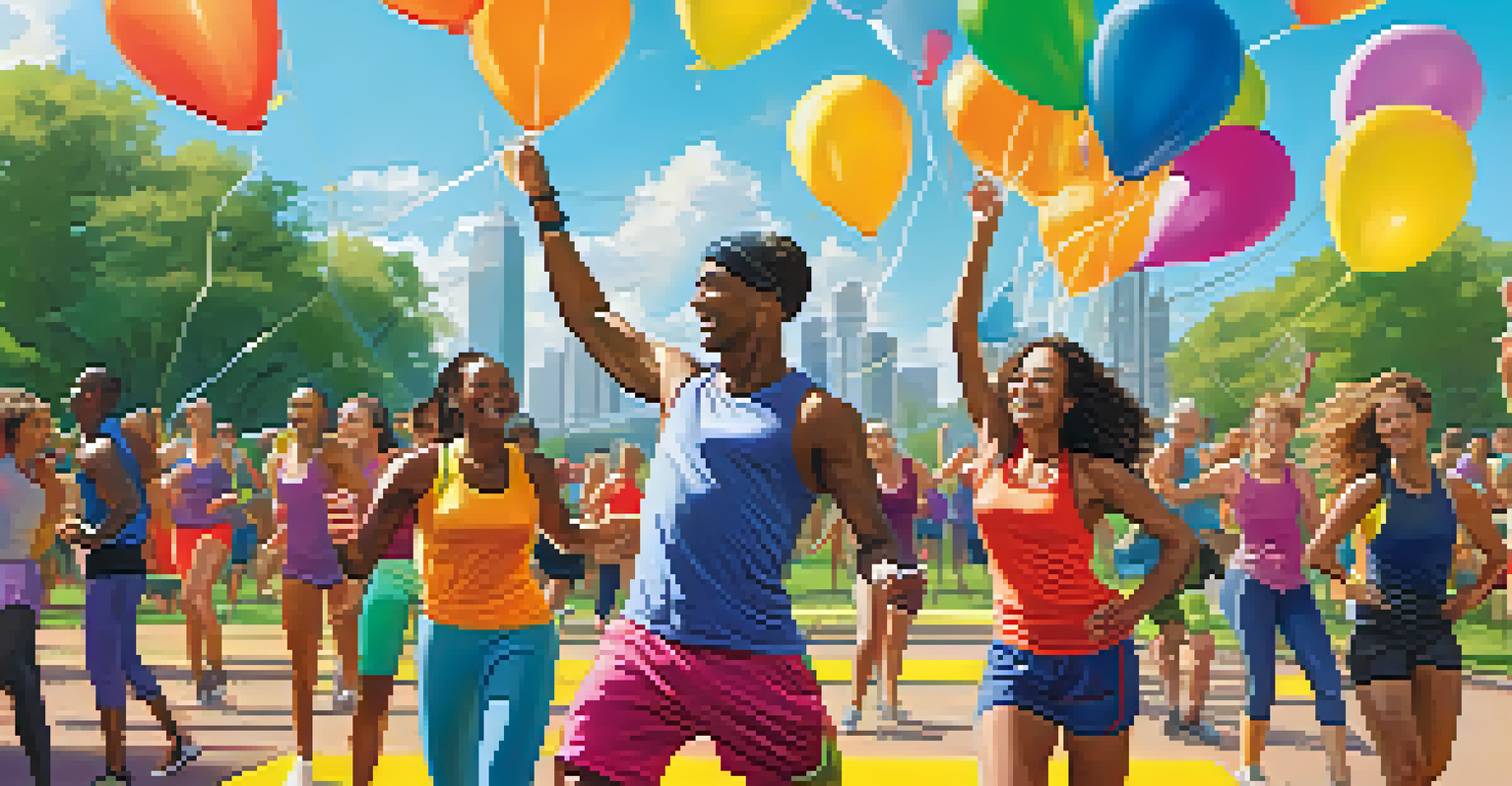 A lively outdoor workout scene with diverse individuals dancing in a park, surrounded by colorful balloons and bright sunlight.
