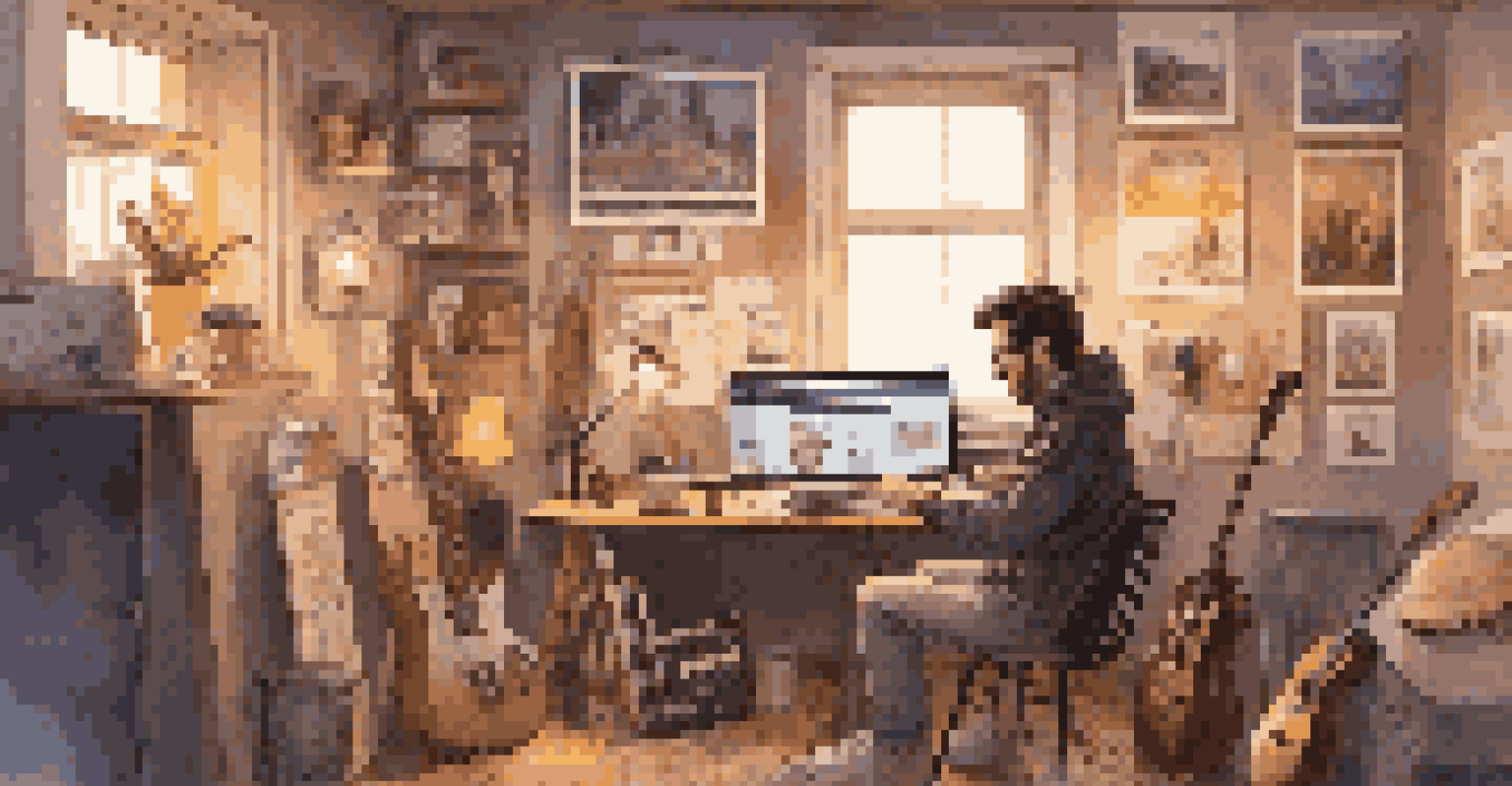 An artist in a studio, recording music and interacting with fans through social media, surrounded by instruments and warm lighting.