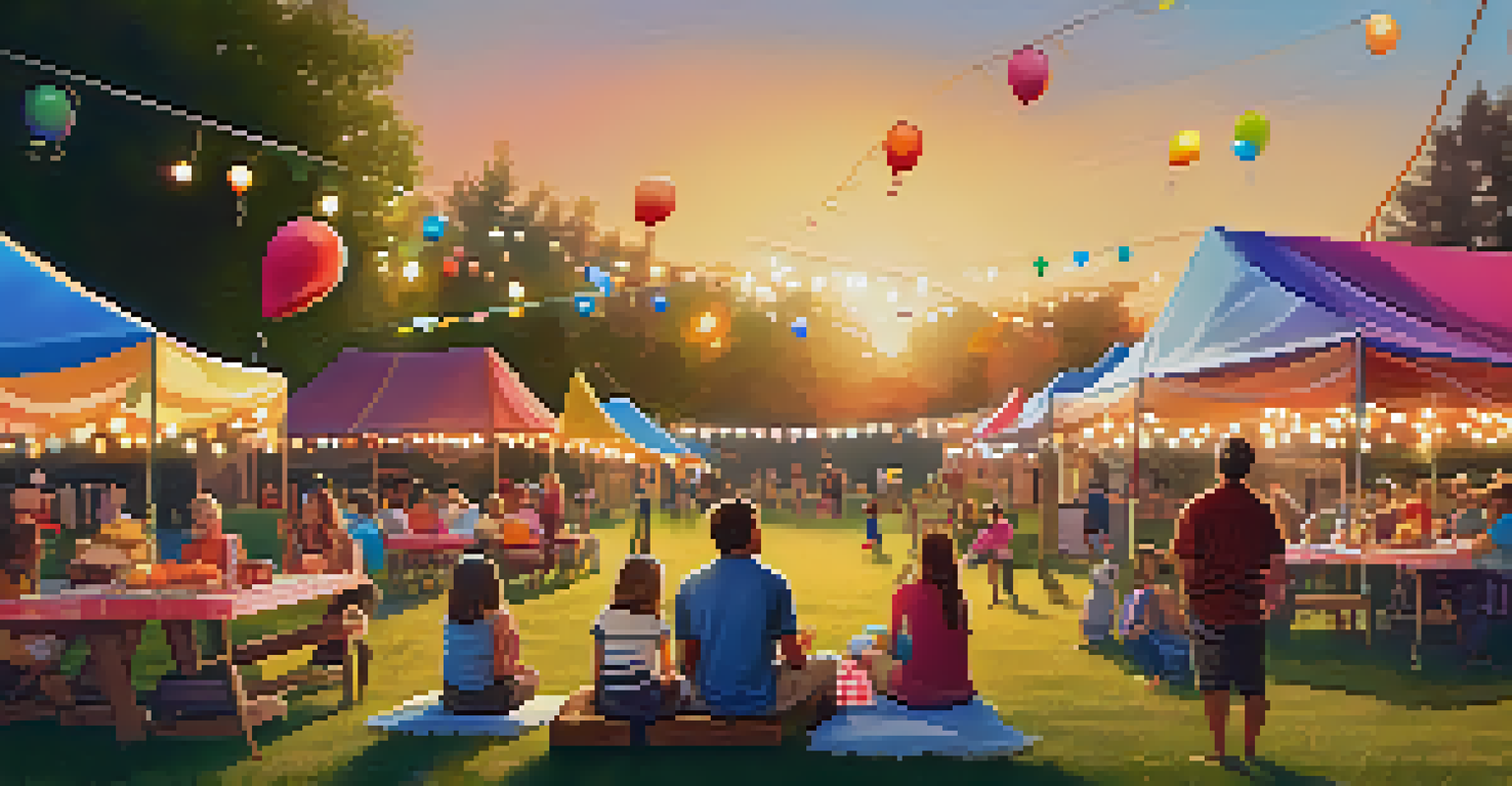 A community gathering area for a music festival with families enjoying the outdoors, playing games, and local food vendors, under string lights at sunset.