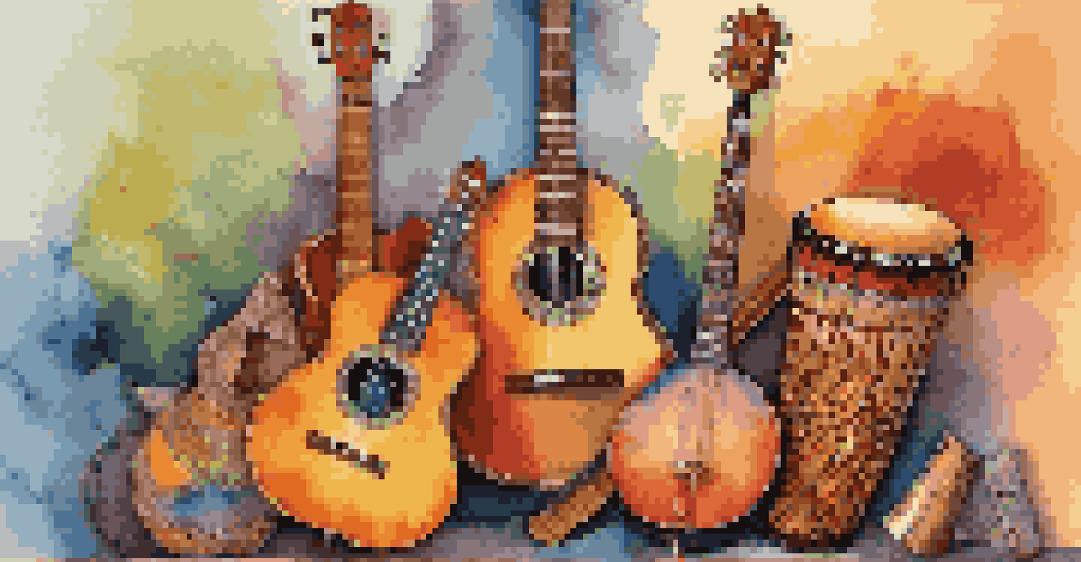 A vibrant collage of musical instruments from different cultures, highlighting their unique designs and significance against a colorful textured background.