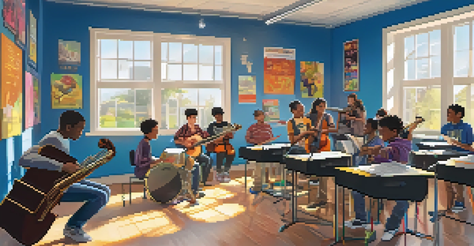 A lively music classroom with students using digital tools for improvisation, colorful posters on the walls, and sunlight streaming through the windows.