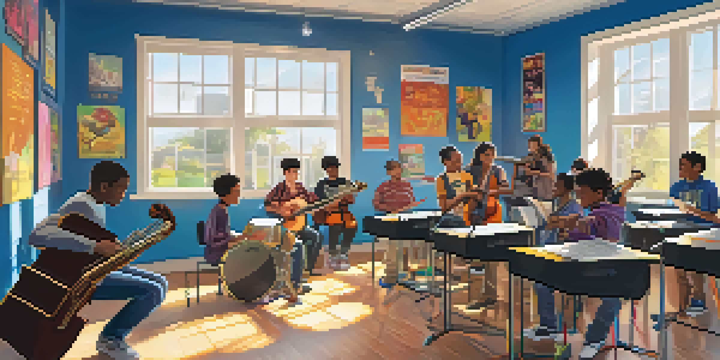 A lively music classroom with students using digital tools for improvisation, colorful posters on the walls, and sunlight streaming through the windows.