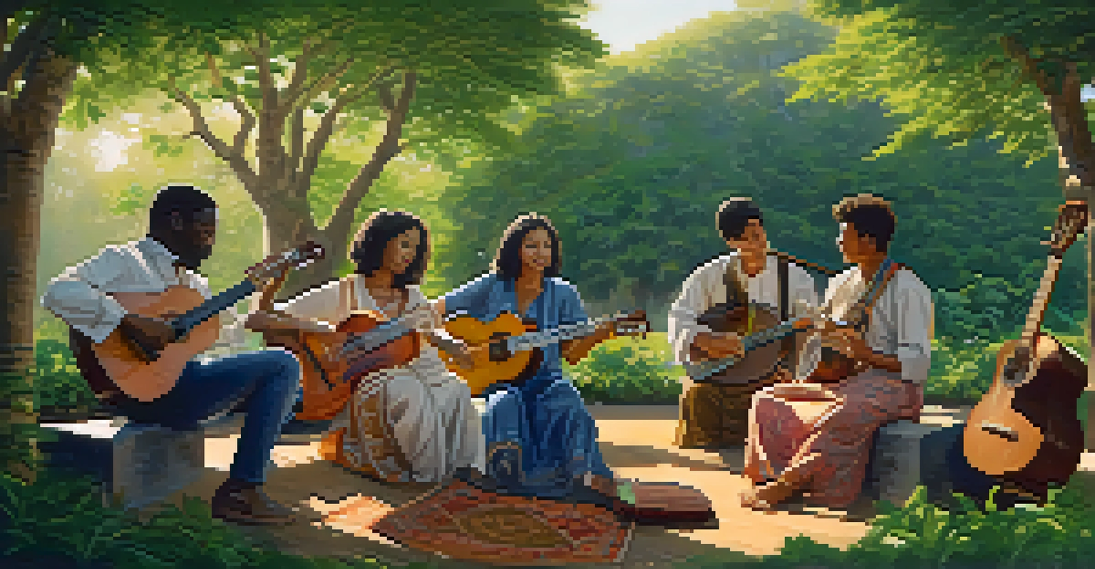A peaceful outdoor scene with musicians from different cultures playing traditional instruments together in harmony.