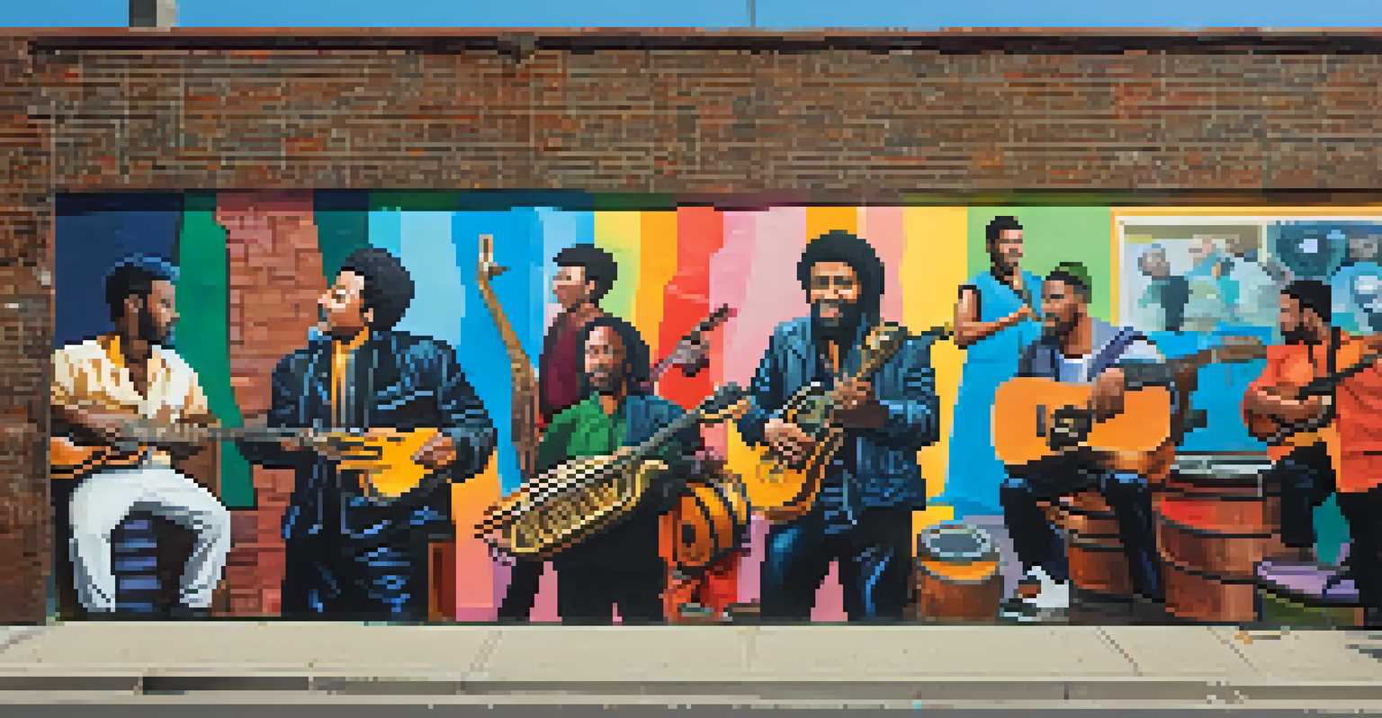 A colorful street mural of iconic musicians contributing to social movements, set against a brick wall.