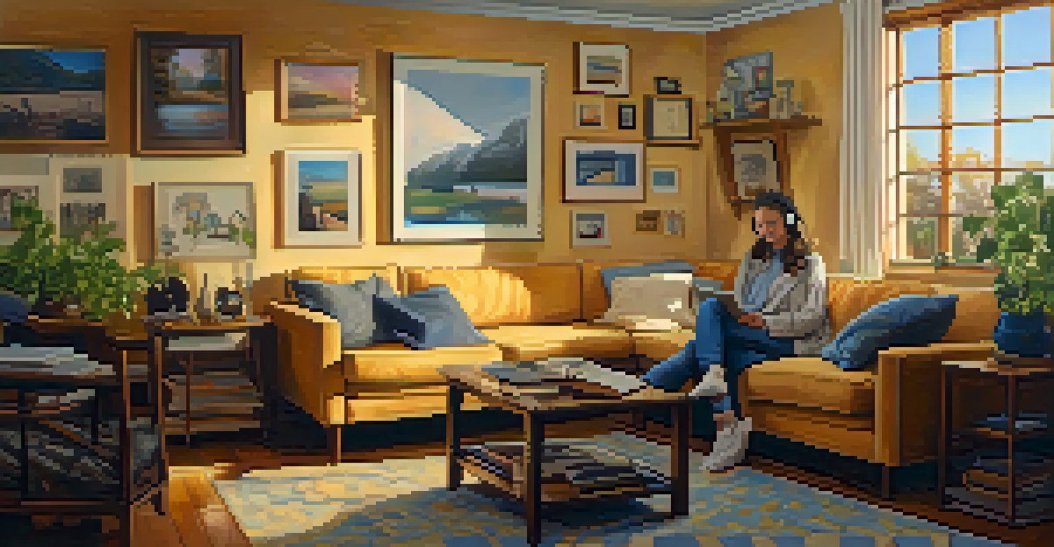 A cozy living room with a person wearing headphones, sitting on a sofa, surrounded by framed photographs representing memories.