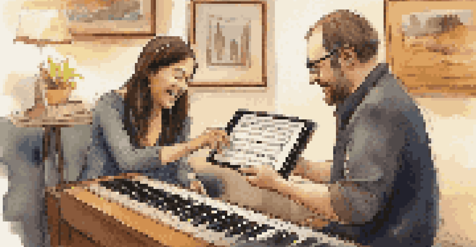 A therapist and client in a music therapy session, with a tablet displaying a chord chart and the client playing a keyboard.