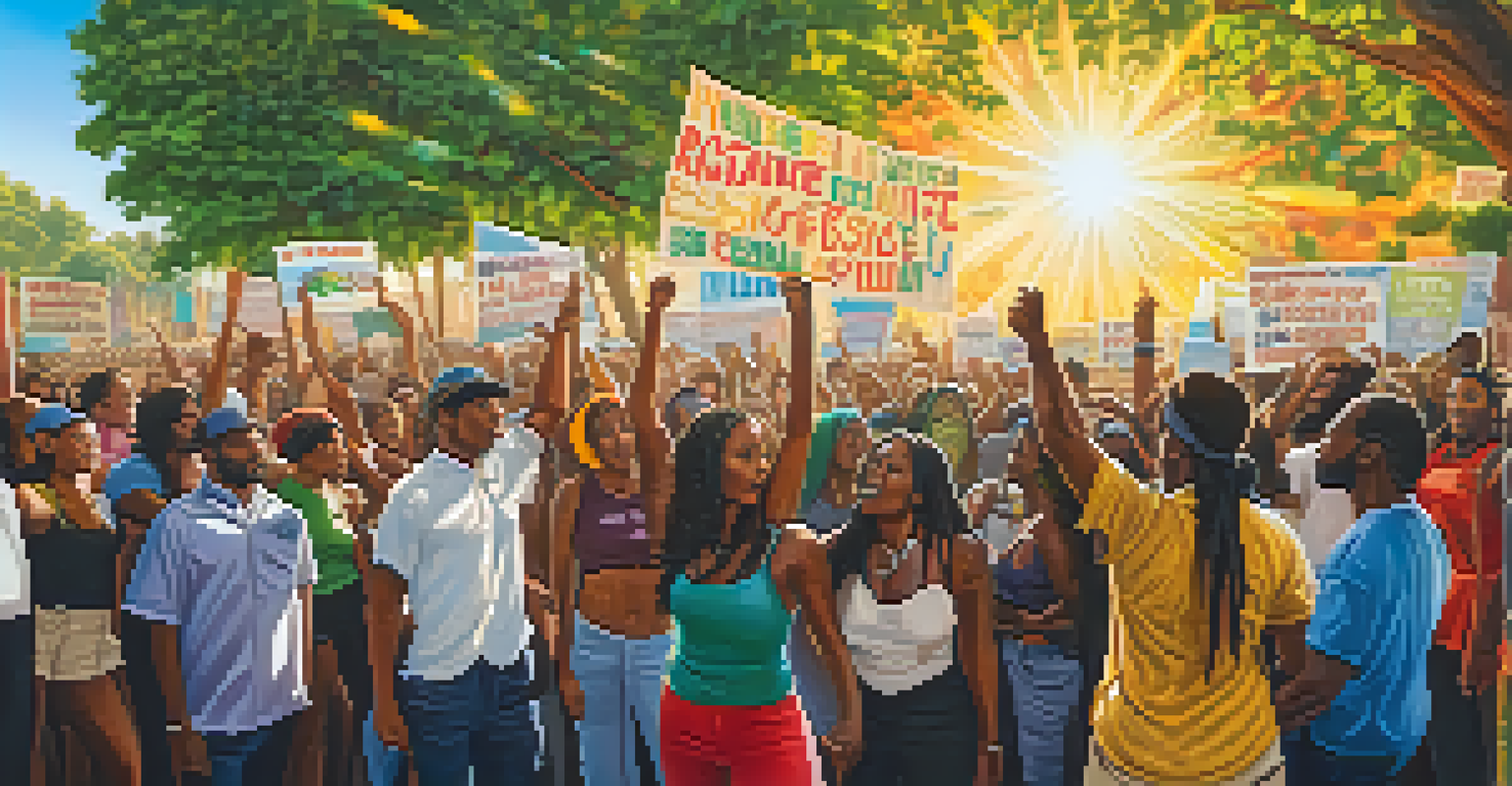 A dynamic protest scene with people holding signs for social justice in front of a mural of a reggae artist, filled with vibrant colors and sunlight.