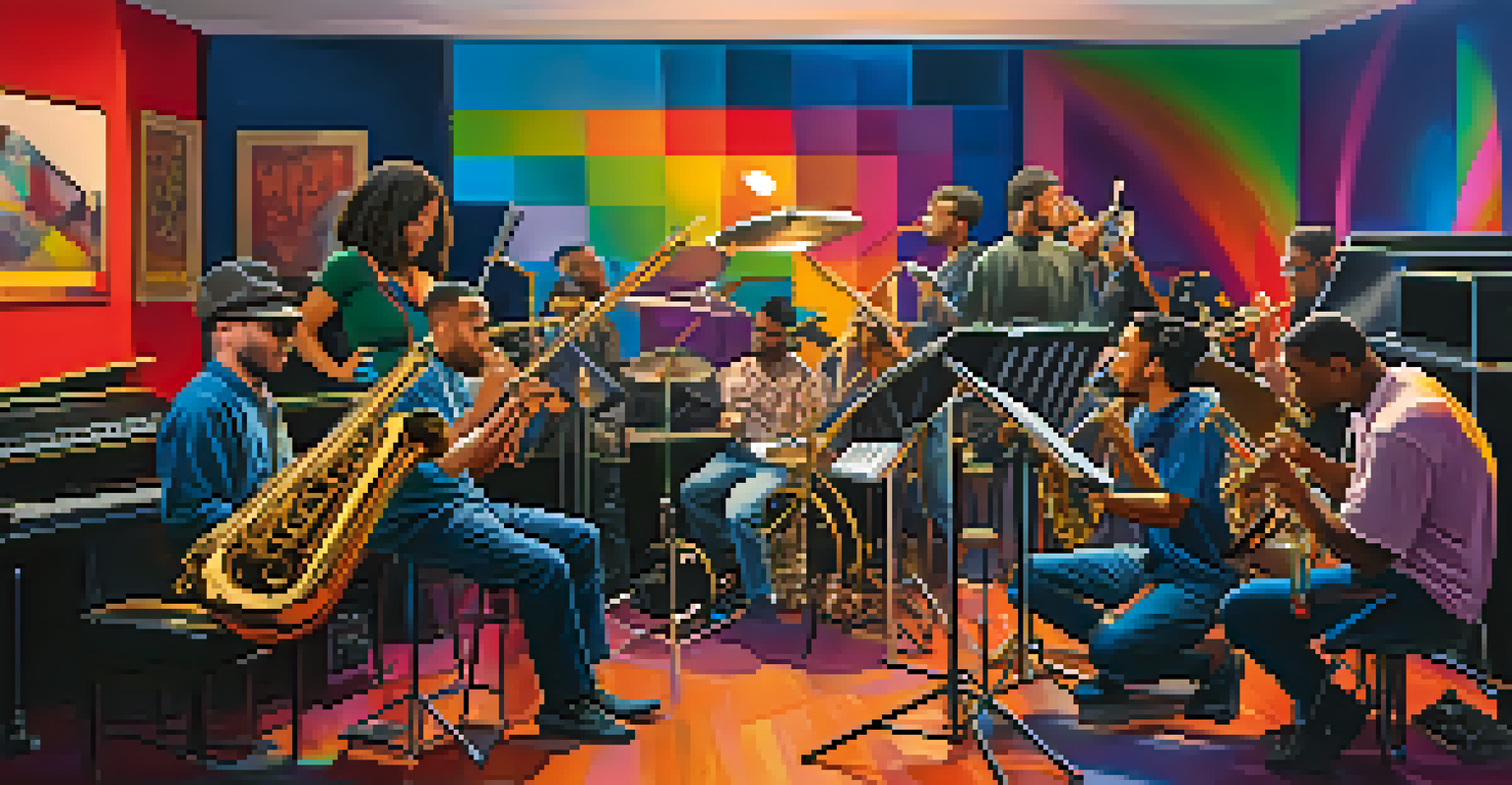 A modern music studio with a jazz band and hip-hop artists collaborating, surrounded by instruments and colorful sound waves, under bright dynamic lighting.