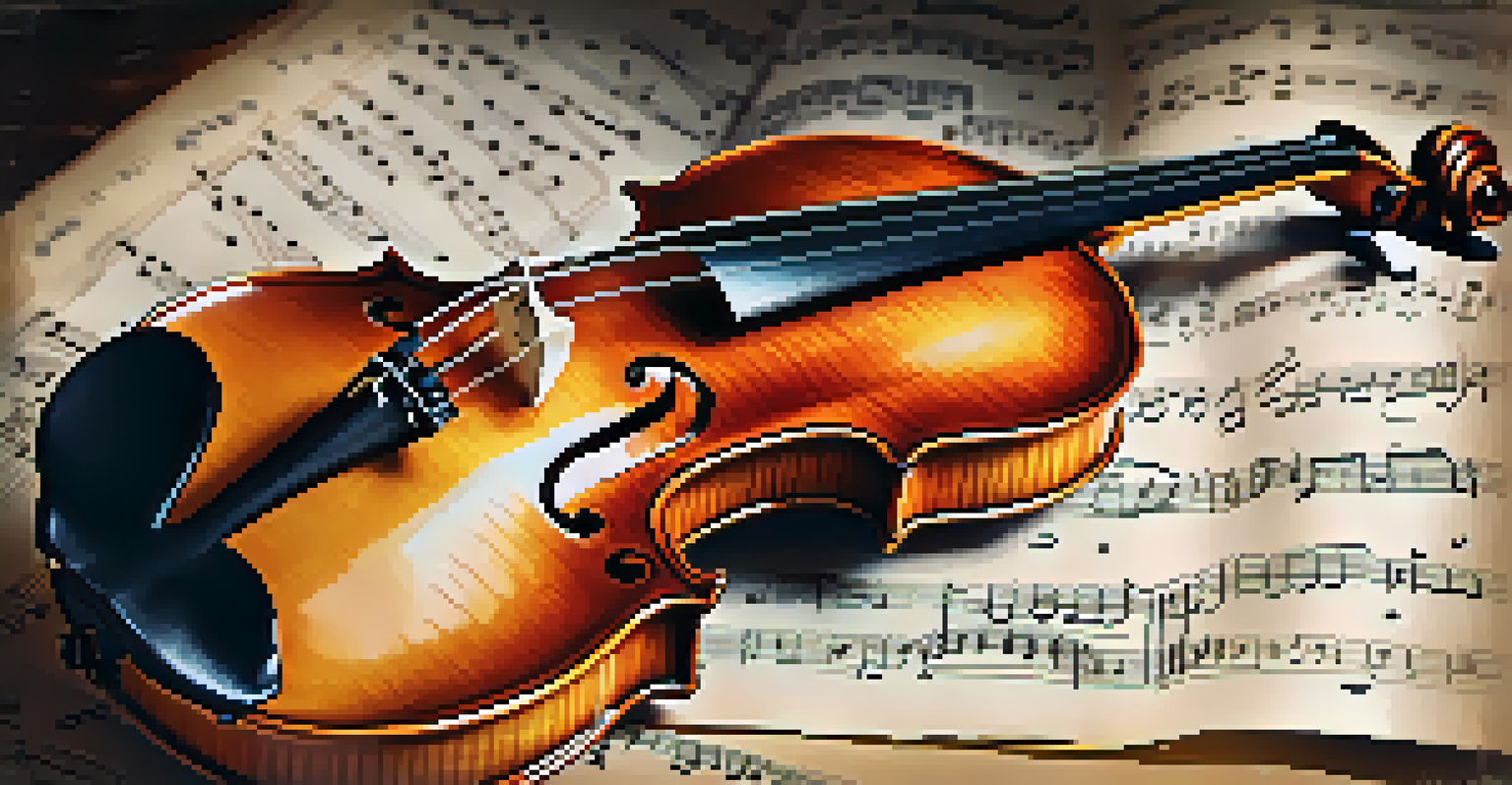 A vintage violin on open sheet music, with warm lighting highlighting the wood grain and musical notes.