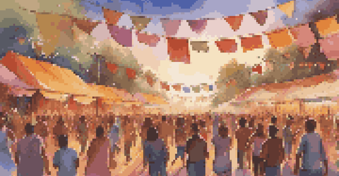 A lively music festival with a diverse crowd enjoying live music and colorful decorations at sunset.