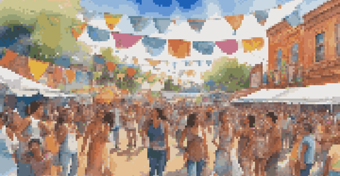 A colorful outdoor music festival with diverse people dancing and enjoying performances under a bright sky.