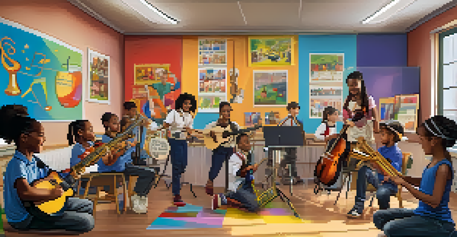 A vibrant music education class with a teacher guiding students playing instruments, surrounded by musical posters and a joyful atmosphere.