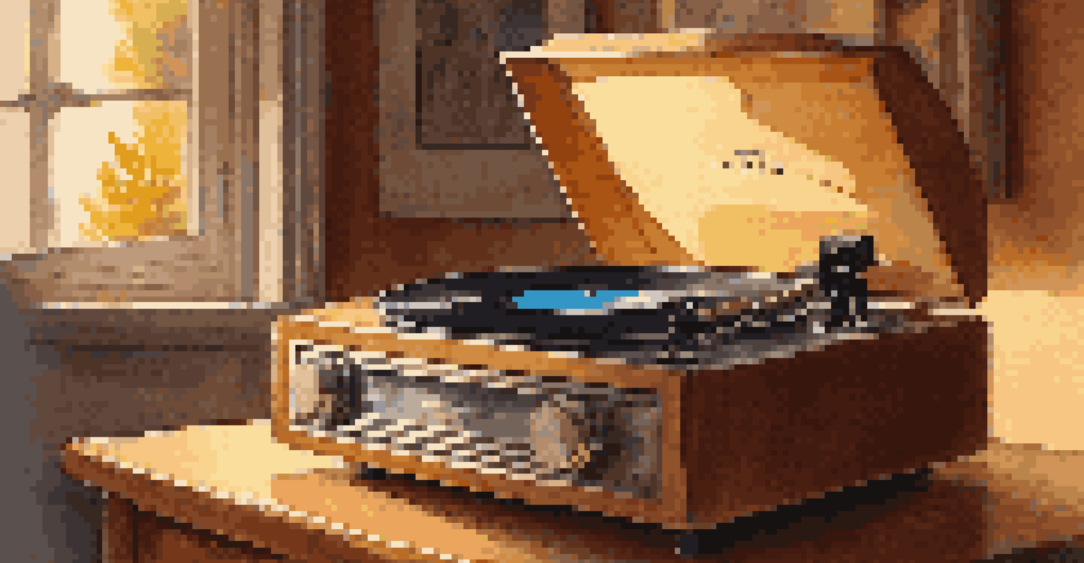 A vintage vinyl record player spinning a record in a cozy room filled with musical memorabilia, illuminated by soft golden light.
