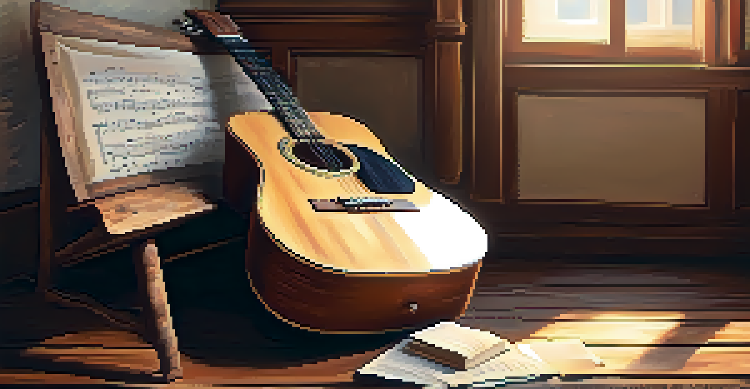 A close-up of a weathered acoustic guitar resting against a rustic wooden chair with sheet music scattered on the floor.