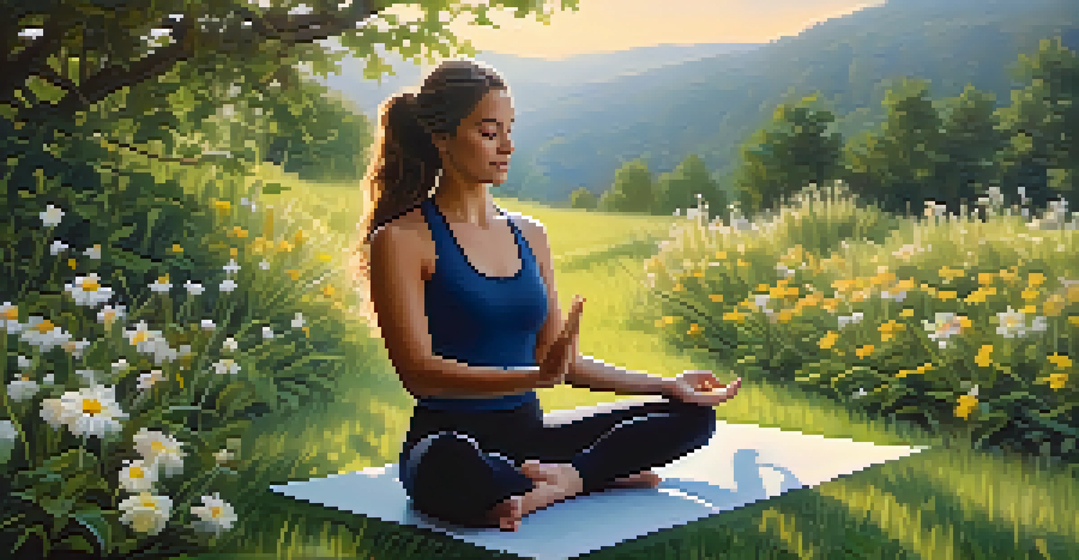 A close-up of a person doing yoga outdoors, surrounded by nature, with musical notes representing the calming effect of music during meditation.