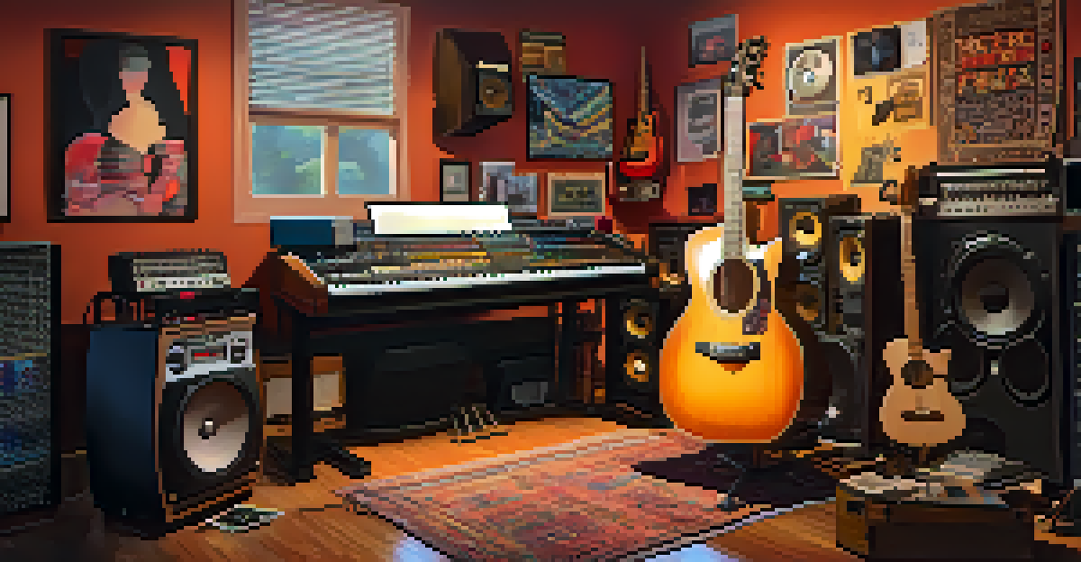 A music studio scene with male and female artists collaborating, surrounded by instruments and colorful posters.