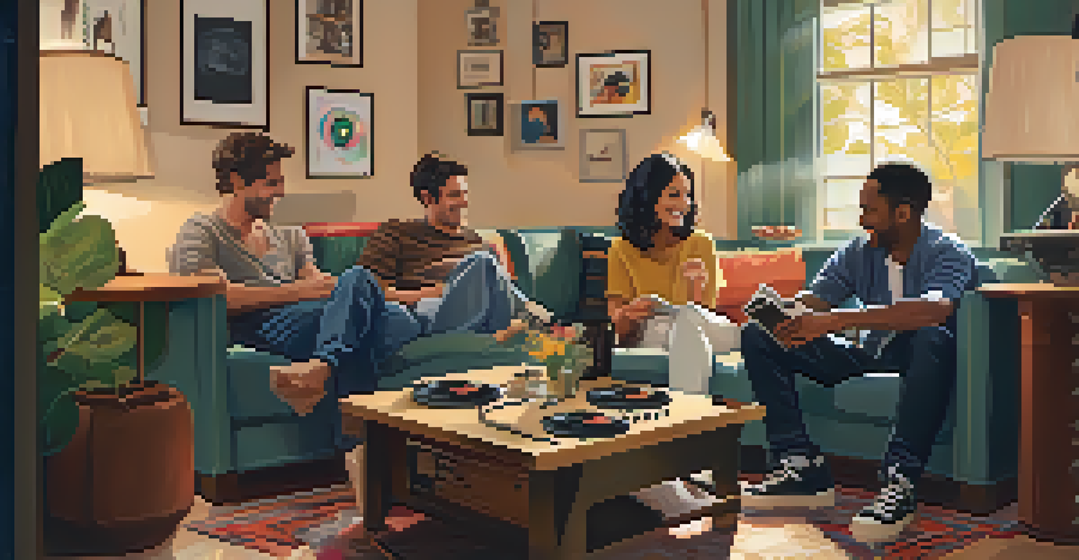 Friends gathered in a cozy living room, enjoying music from a record player.