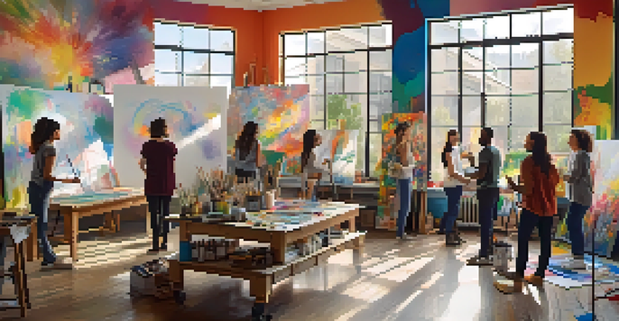 A diverse group of artists working together in a bright studio, collaborating on a colorful mural.