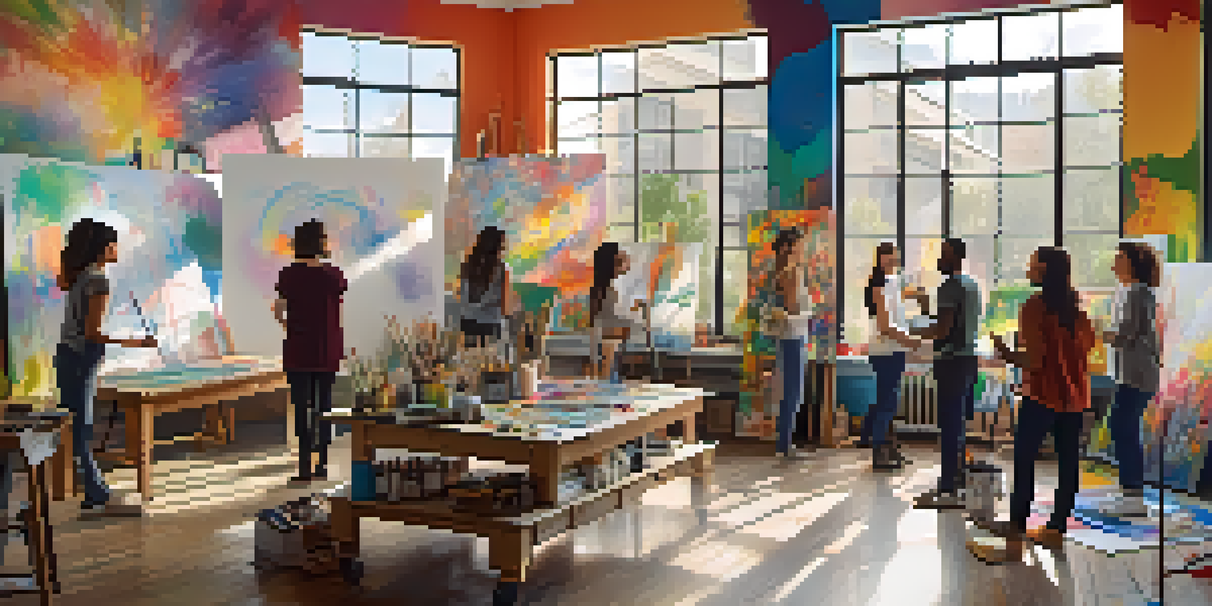 A diverse group of artists working together in a bright studio, collaborating on a colorful mural.