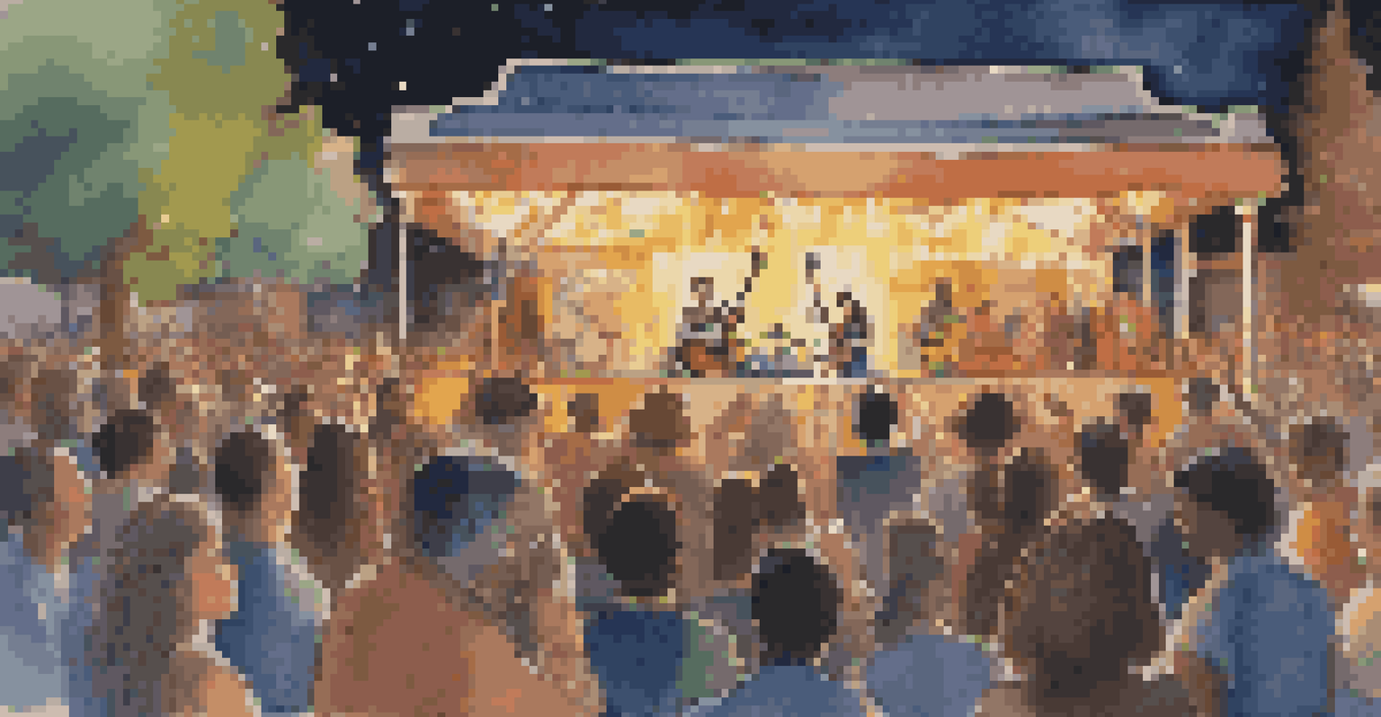 A singer and guitarist performing on stage with an enthusiastic audience under the stars.