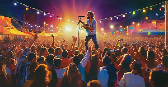 A musician performing on stage at a lively outdoor festival, with colorful lights and a cheering crowd, during sunset.