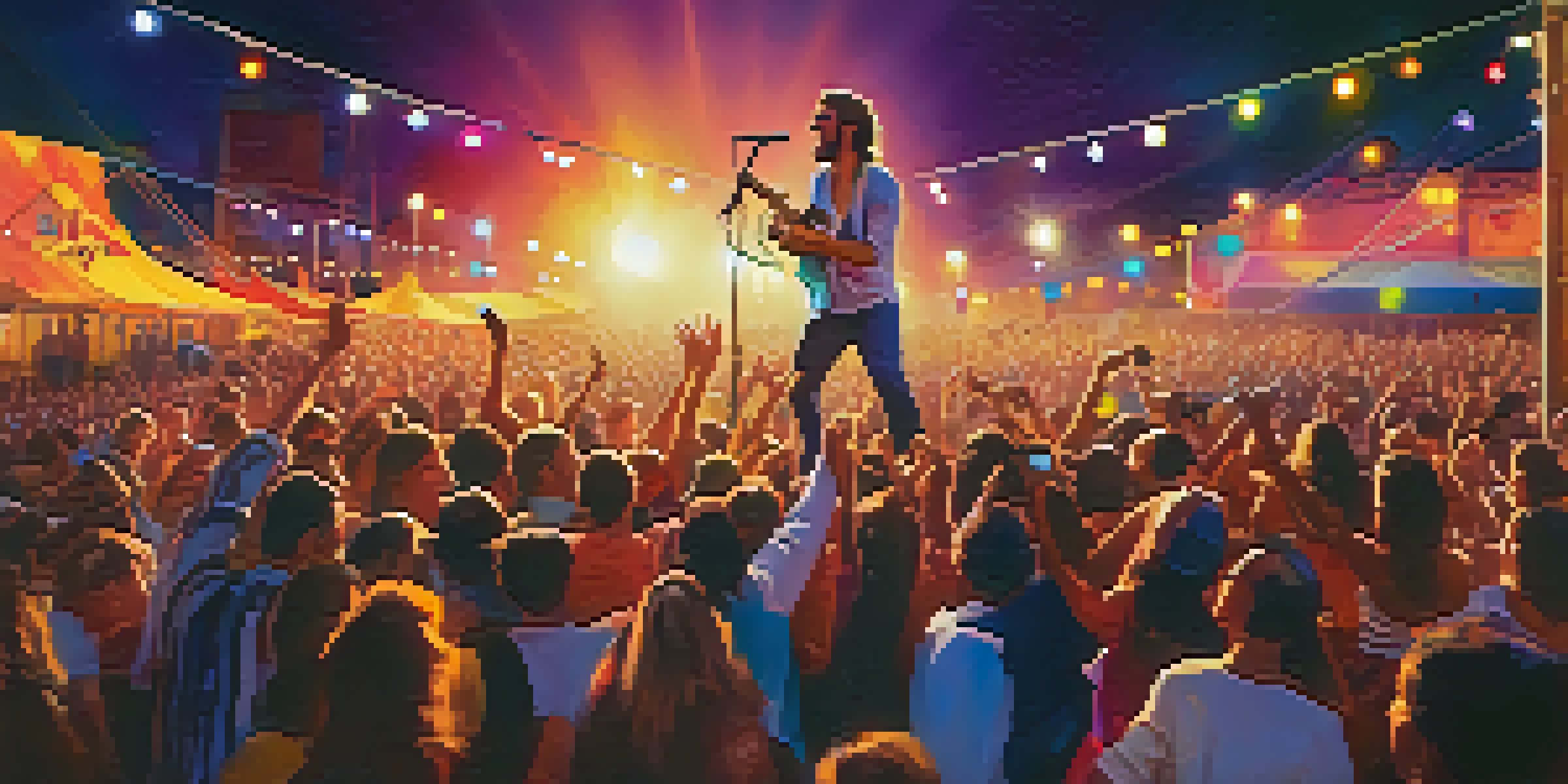 A musician performing on stage at a lively outdoor festival, with colorful lights and a cheering crowd, during sunset.