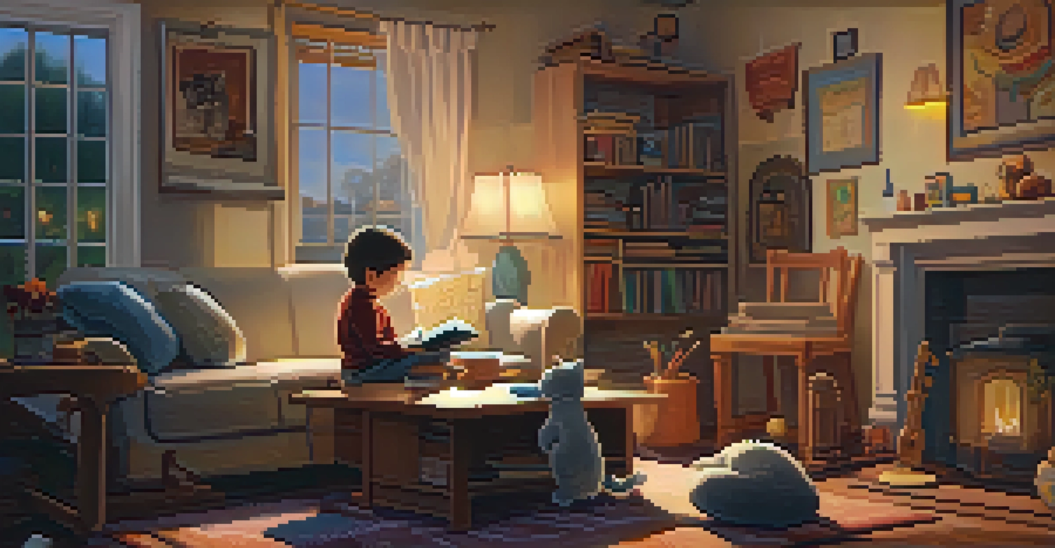 A parent reading to a child in a cozy living room filled with musical elements.