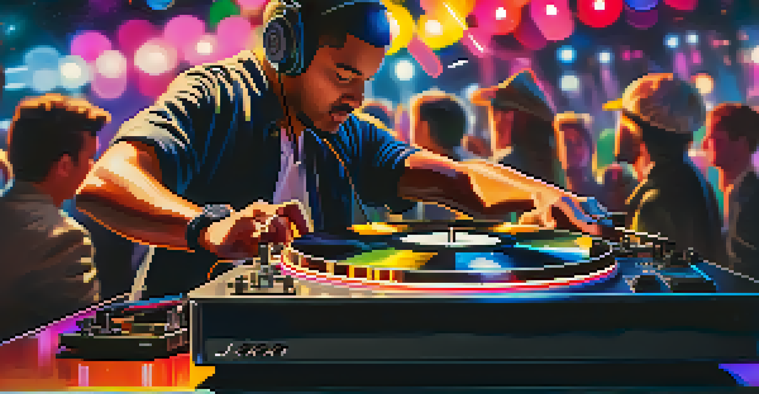 A DJ mixing a jazz vinyl record at a turntable with colorful lights and a blurred crowd in the background.