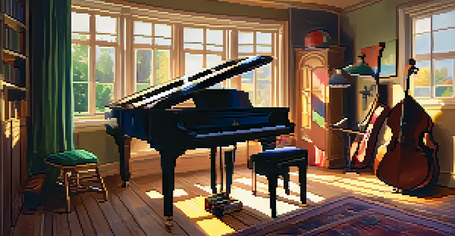 A cozy music studio with a grand piano, acoustic guitar, colorful drums, and sunlight streaming through large windows, creating a warm atmosphere.