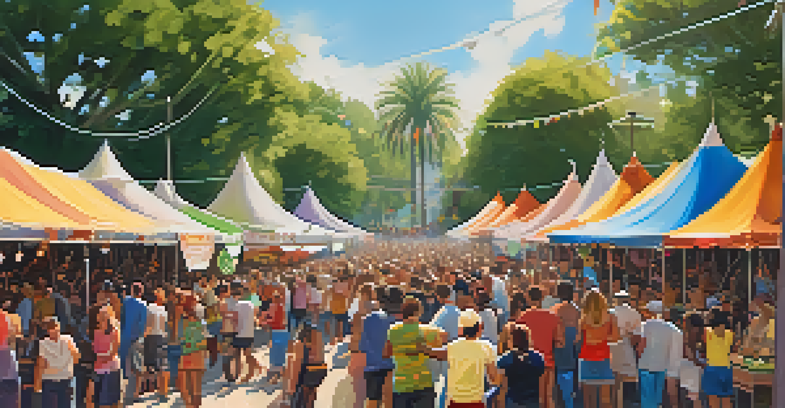 A vibrant outdoor music festival with local artists performing and a diverse crowd enjoying the event.