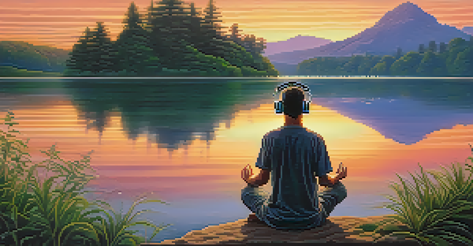 A person meditating by a quiet lake at sunset, wearing headphones, surrounded by lush greenery.